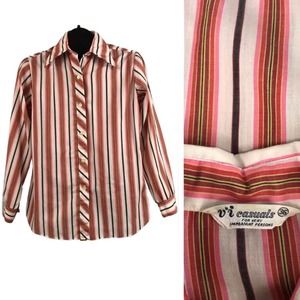 1970s Pink Stripe Buttown Up Shirt Long Sleeve  Blouse / Womens Medium *